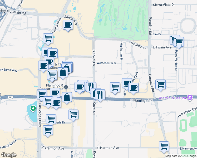 map of restaurants, bars, coffee shops, grocery stores, and more near 210 East Flamingo Road in Las Vegas