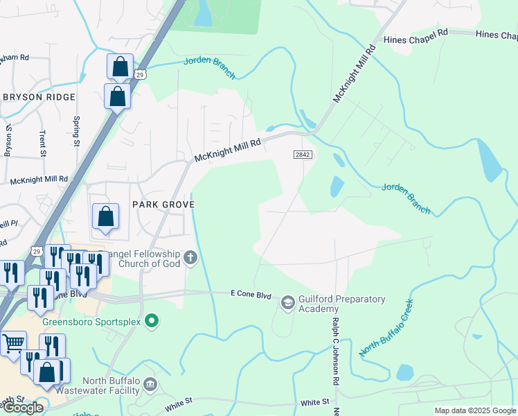 map of restaurants, bars, coffee shops, grocery stores, and more near 2503 Minorwood Road in Greensboro