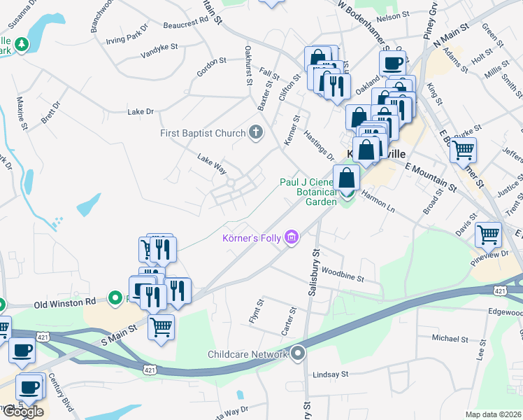 map of restaurants, bars, coffee shops, grocery stores, and more near 374 South Cherry Street in Kernersville