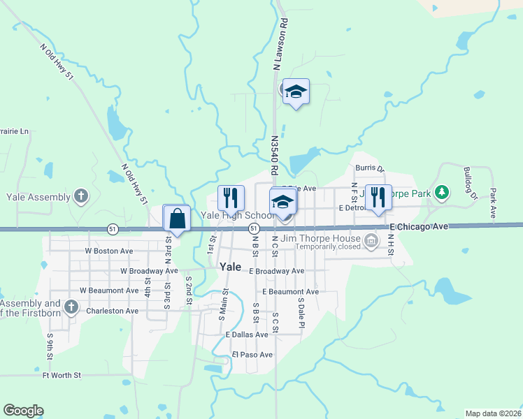 map of restaurants, bars, coffee shops, grocery stores, and more near 324 North B Street in Yale