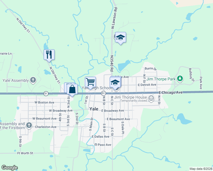 map of restaurants, bars, coffee shops, grocery stores, and more near 324 N B St in Yale