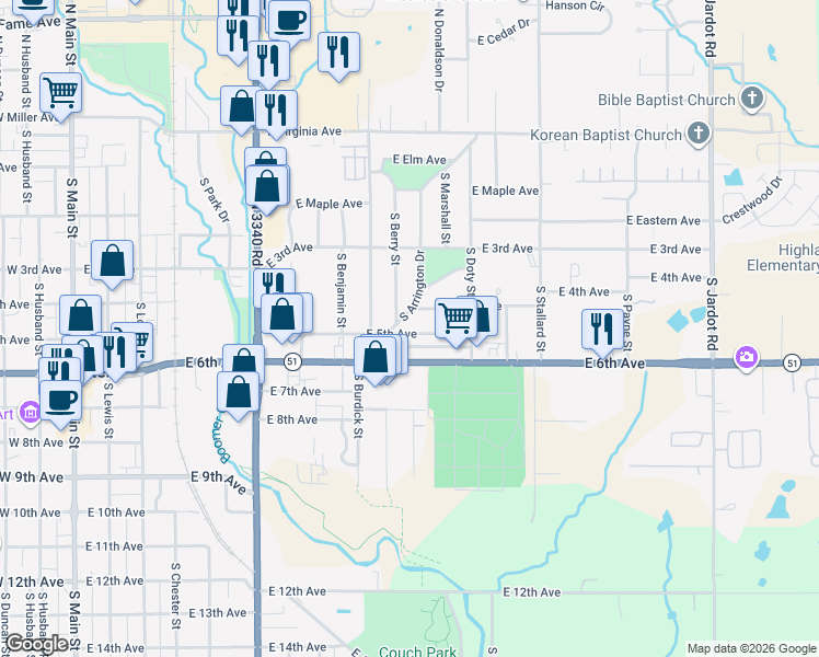 map of restaurants, bars, coffee shops, grocery stores, and more near 1006 East 5th Avenue in Stillwater