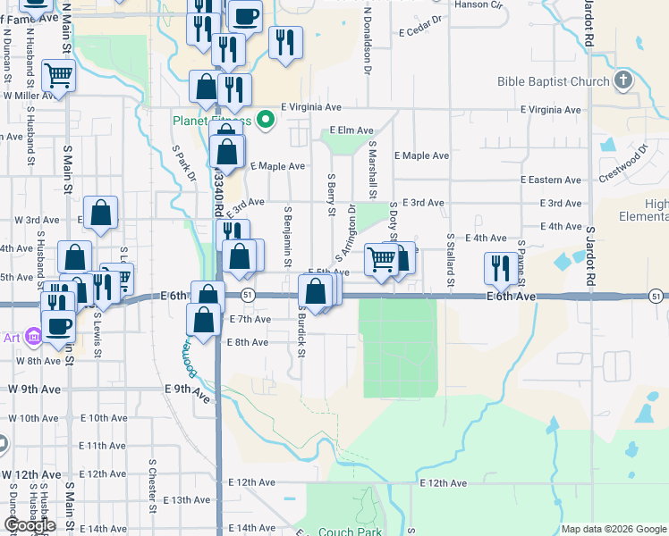map of restaurants, bars, coffee shops, grocery stores, and more near 1006 East 5th Avenue in Stillwater
