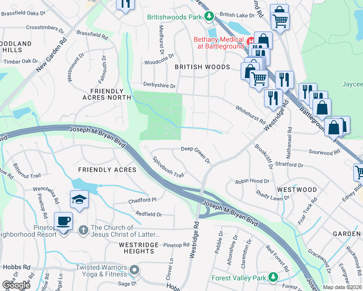 map of restaurants, bars, coffee shops, grocery stores, and more near 3422 Deep Green Drive in Greensboro