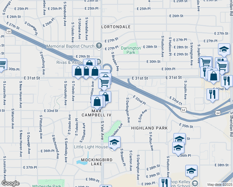 map of restaurants, bars, coffee shops, grocery stores, and more near 3202 South Braden Avenue in Tulsa
