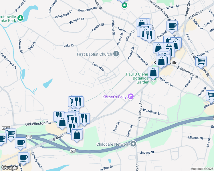 map of restaurants, bars, coffee shops, grocery stores, and more near 203 Williams Way in Kernersville