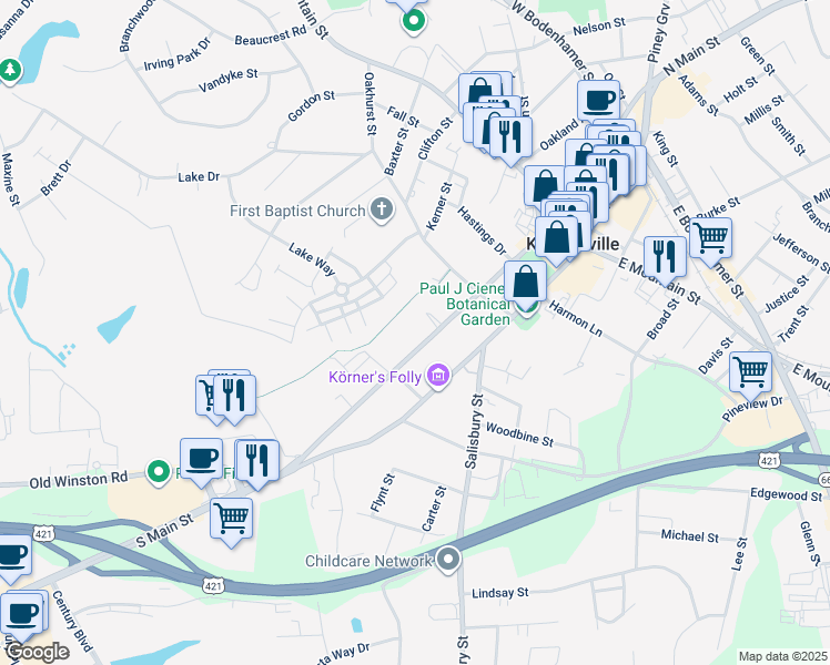 map of restaurants, bars, coffee shops, grocery stores, and more near 352 South Cherry Street in Kernersville