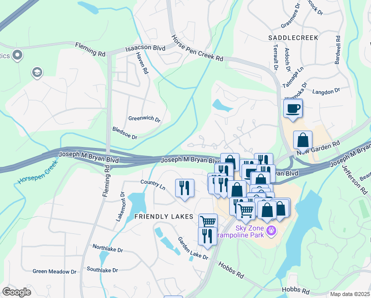map of restaurants, bars, coffee shops, grocery stores, and more near 4625 Cross Ridge Lane in Greensboro