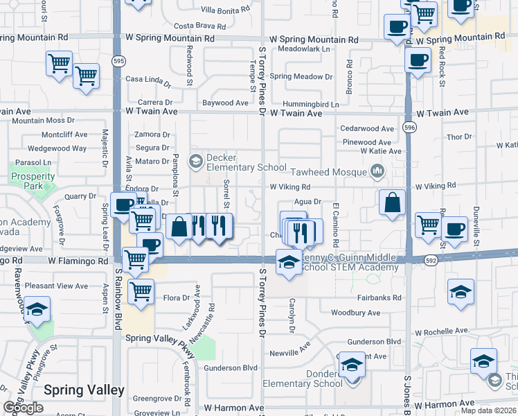 map of restaurants, bars, coffee shops, grocery stores, and more near 3965 South Torrey Pines Drive in Las Vegas