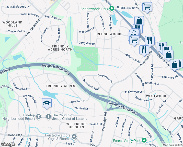 map of restaurants, bars, coffee shops, grocery stores, and more near 3502 Deep Green Drive in Greensboro