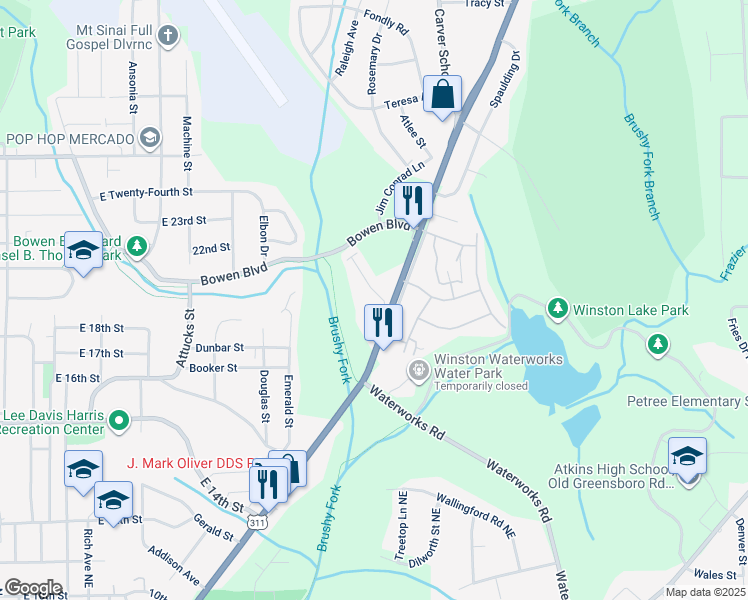 map of restaurants, bars, coffee shops, grocery stores, and more near 1029 New Walkertown Road in Winston-Salem