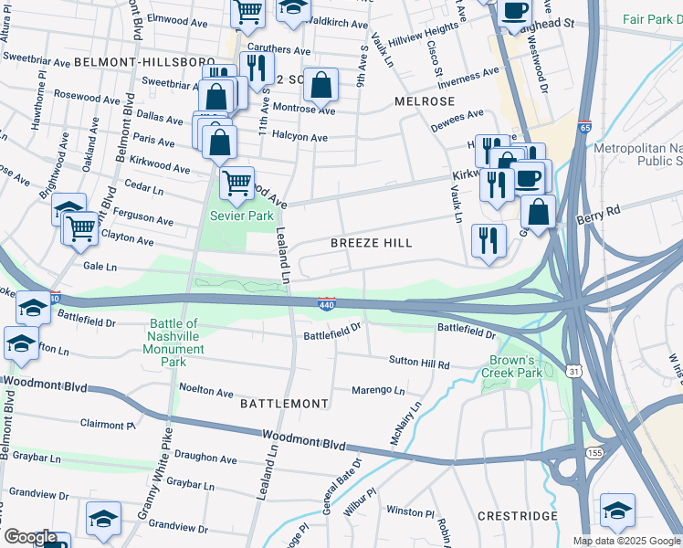 map of restaurants, bars, coffee shops, grocery stores, and more near 933 Gale Lane in Nashville