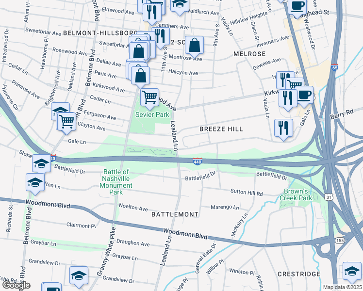 map of restaurants, bars, coffee shops, grocery stores, and more near 3112a Lealand Lane in Nashville