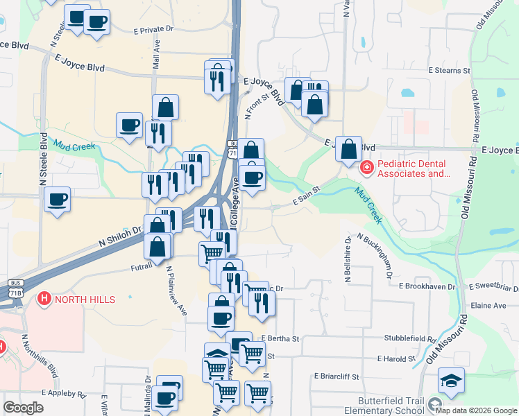 map of restaurants, bars, coffee shops, grocery stores, and more near 1083 E Sain St in Fayetteville