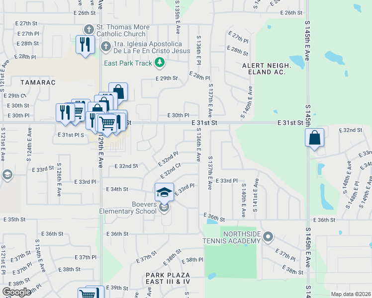 map of restaurants, bars, coffee shops, grocery stores, and more near 13351 East 32nd Place in Tulsa