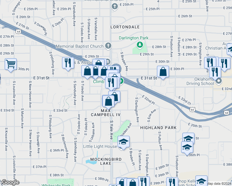 map of restaurants, bars, coffee shops, grocery stores, and more near 3209 South Yale Avenue in Tulsa