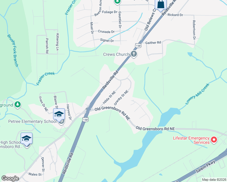 map of restaurants, bars, coffee shops, grocery stores, and more near 4033 Hilda Street Northeast in Winston-Salem