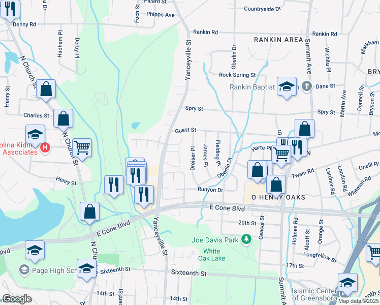 map of restaurants, bars, coffee shops, grocery stores, and more near 3223 Dreiser Place in Greensboro