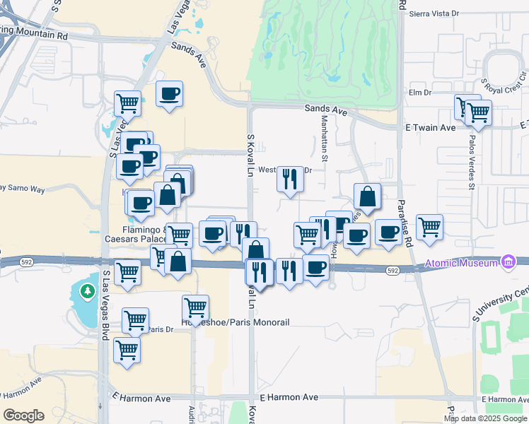 map of restaurants, bars, coffee shops, grocery stores, and more near 210 East Flamingo Road in Las Vegas