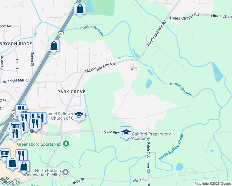 map of restaurants, bars, coffee shops, grocery stores, and more near 2503 Minorwood Road in Greensboro