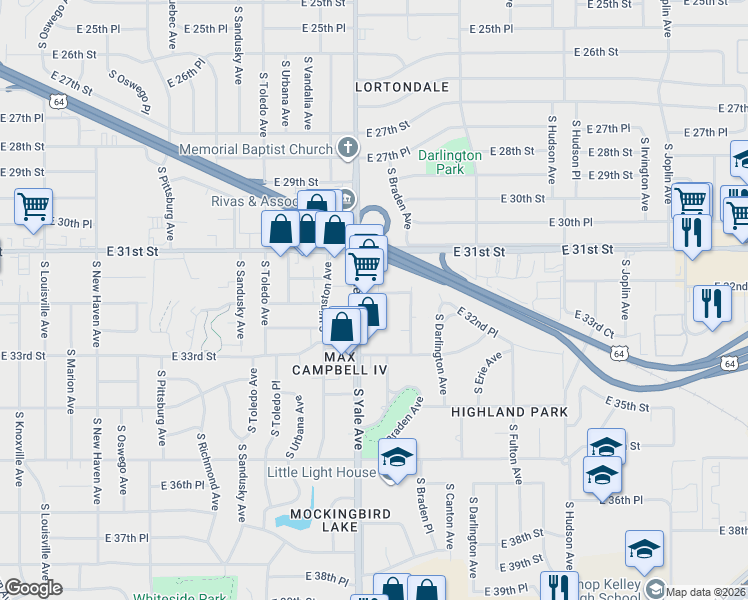 map of restaurants, bars, coffee shops, grocery stores, and more near 4914 East 32nd Street in Tulsa