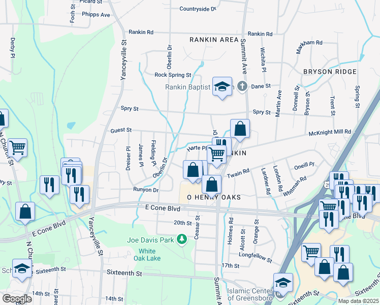 map of restaurants, bars, coffee shops, grocery stores, and more near 3208 Harte Place in Greensboro