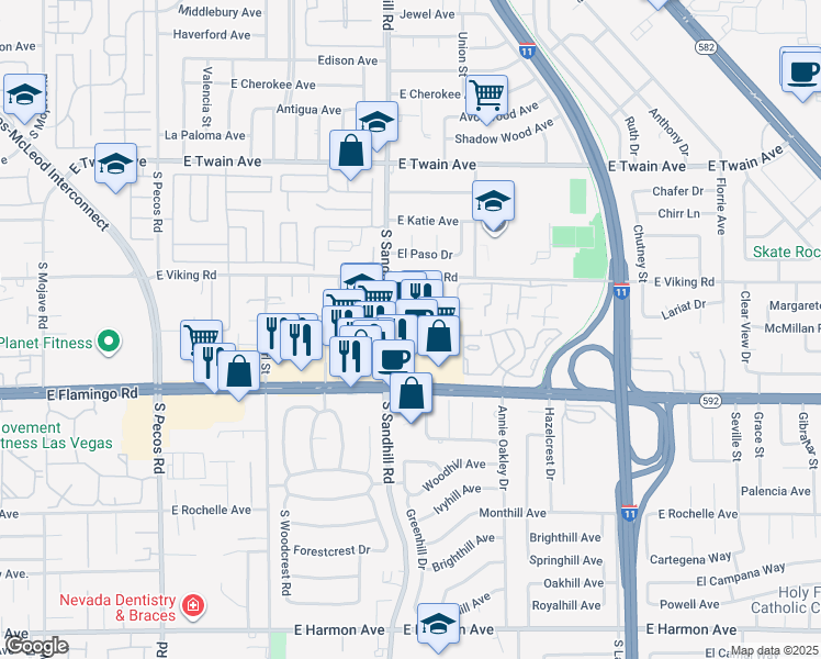 map of restaurants, bars, coffee shops, grocery stores, and more near 3830 Nevada 592 in Las Vegas