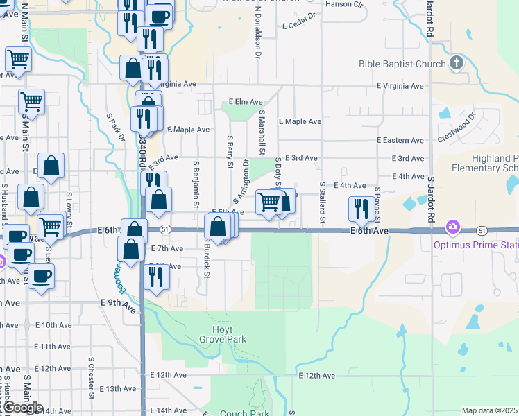 map of restaurants, bars, coffee shops, grocery stores, and more near 1124 East 5th Avenue in Stillwater