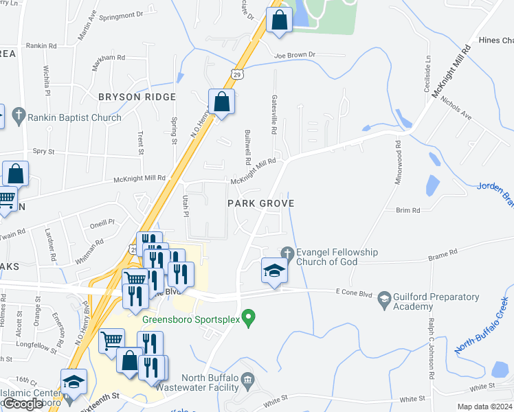 map of restaurants, bars, coffee shops, grocery stores, and more near 2111 Joseph McNeil Avenue in Greensboro