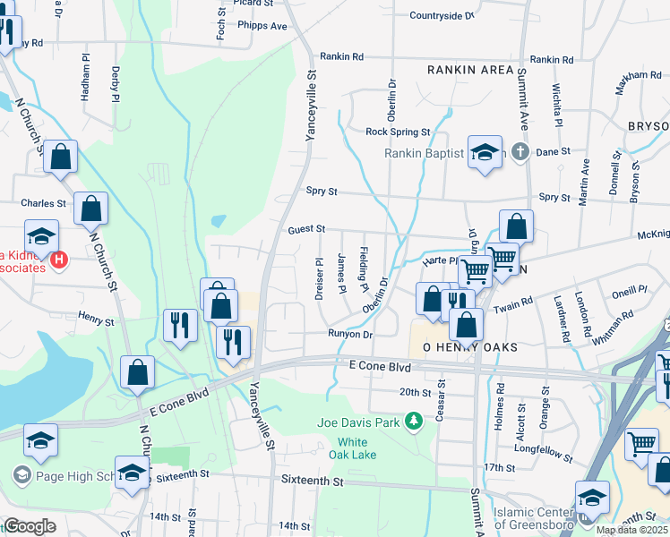 map of restaurants, bars, coffee shops, grocery stores, and more near 3215 James Place in Greensboro