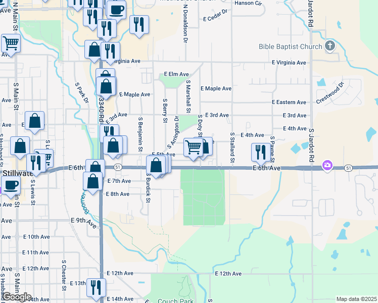 map of restaurants, bars, coffee shops, grocery stores, and more near 1202 East 5th Avenue in Stillwater