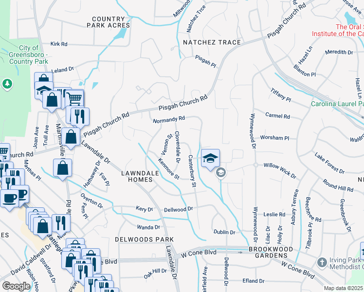 map of restaurants, bars, coffee shops, grocery stores, and more near 3419 Canterbury Street in Greensboro