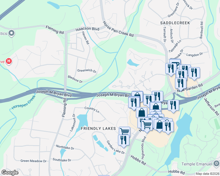 map of restaurants, bars, coffee shops, grocery stores, and more near 4644 Cross Ridge Lane in Greensboro