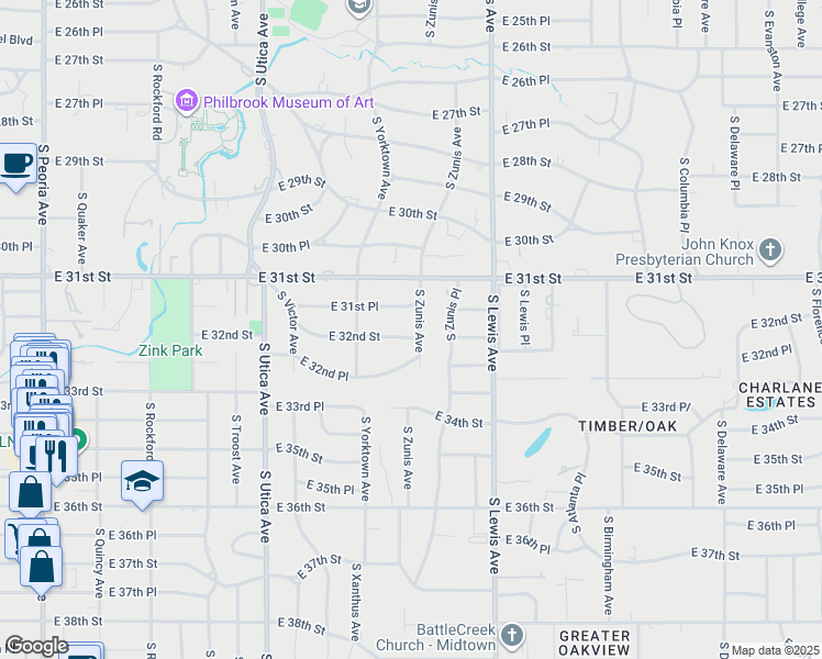 map of restaurants, bars, coffee shops, grocery stores, and more near 3150 South Zunis Avenue in Tulsa