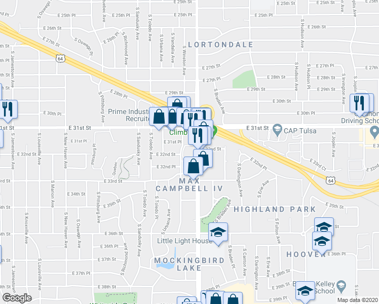 map of restaurants, bars, coffee shops, grocery stores, and more near 3210 South Yale Avenue in Tulsa