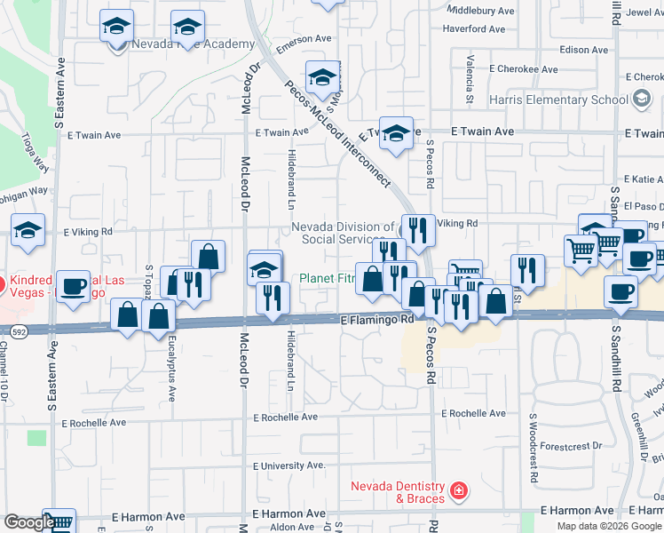 map of restaurants, bars, coffee shops, grocery stores, and more near 3982 Mojado Court in Las Vegas
