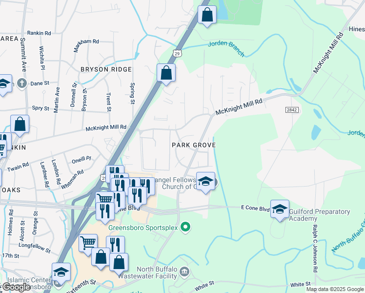 map of restaurants, bars, coffee shops, grocery stores, and more near 2104 Joseph McNeil Avenue in Greensboro