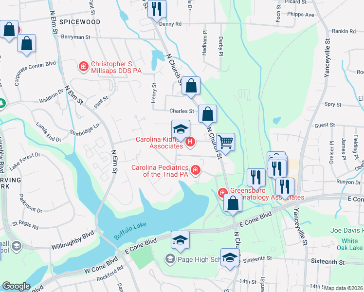 map of restaurants, bars, coffee shops, grocery stores, and more near 309 New Street in Greensboro