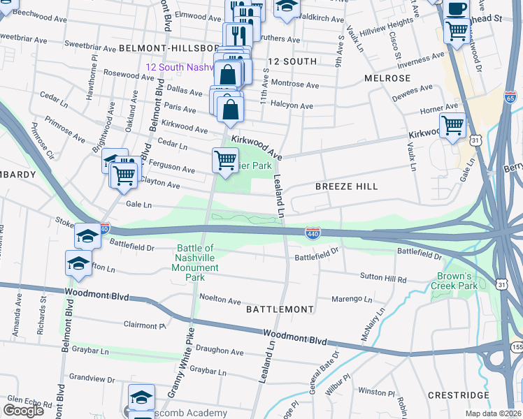 map of restaurants, bars, coffee shops, grocery stores, and more near 1014A Gale Lane in Nashville