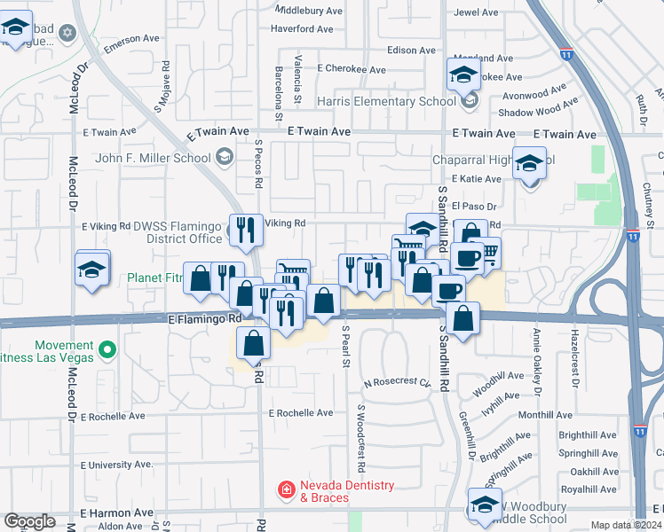 map of restaurants, bars, coffee shops, grocery stores, and more near 3985 South Pearl Street in Las Vegas
