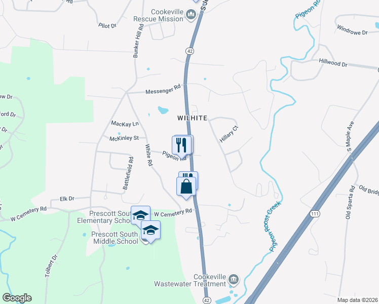 map of restaurants, bars, coffee shops, grocery stores, and more near 1651 State Highway 42 in Cookeville