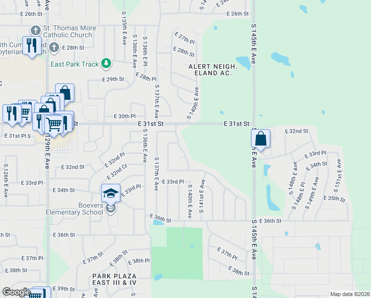 map of restaurants, bars, coffee shops, grocery stores, and more near 3221 S 140th E Ave in Tulsa