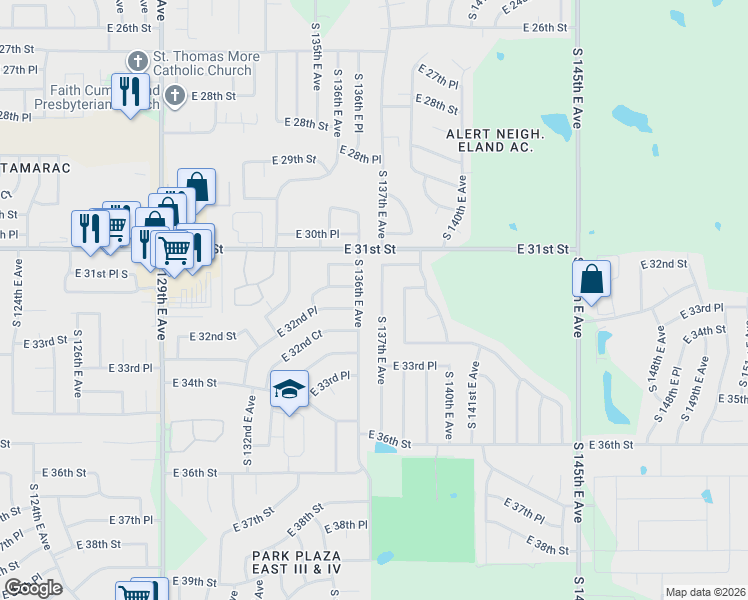 map of restaurants, bars, coffee shops, grocery stores, and more near 3221 South 136th East Avenue in Tulsa