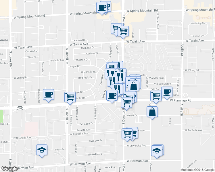 map of restaurants, bars, coffee shops, grocery stores, and more near 3992 Delos Drive in Las Vegas
