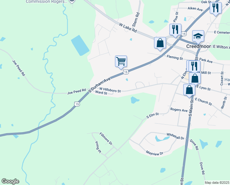 map of restaurants, bars, coffee shops, grocery stores, and more near 423 West Hillsboro Street in Creedmoor