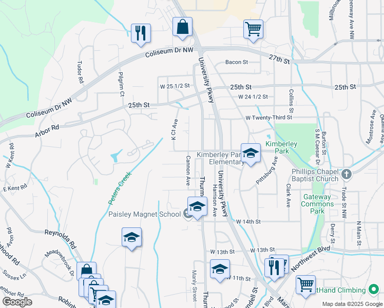 map of restaurants, bars, coffee shops, grocery stores, and more near 818 West 20th Street in Winston-Salem