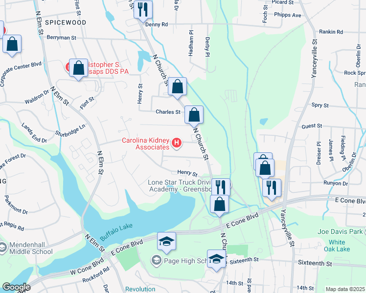 map of restaurants, bars, coffee shops, grocery stores, and more near 309 New Street in Greensboro