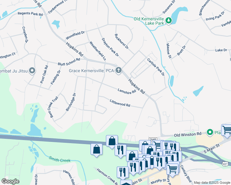 map of restaurants, bars, coffee shops, grocery stores, and more near 6440 Lamshire Road in Kernersville