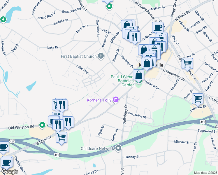 map of restaurants, bars, coffee shops, grocery stores, and more near 354 South Cherry Street in Kernersville