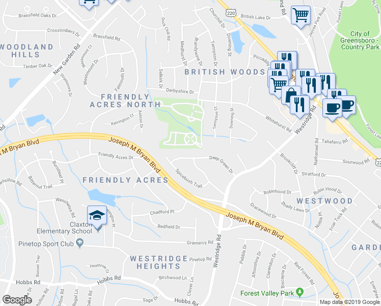 map of restaurants, bars, coffee shops, grocery stores, and more near 3502 Deep Green Drive in Greensboro